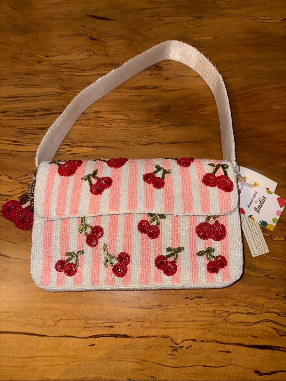 Viral Cherry Handcrafted Beaded Shoulder Bag - Pink & White